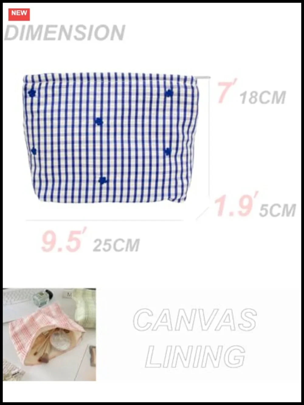 Flat Canvas-Lined Makeup Bag for Women, Zipper Cosmetic Pouch for Purse,